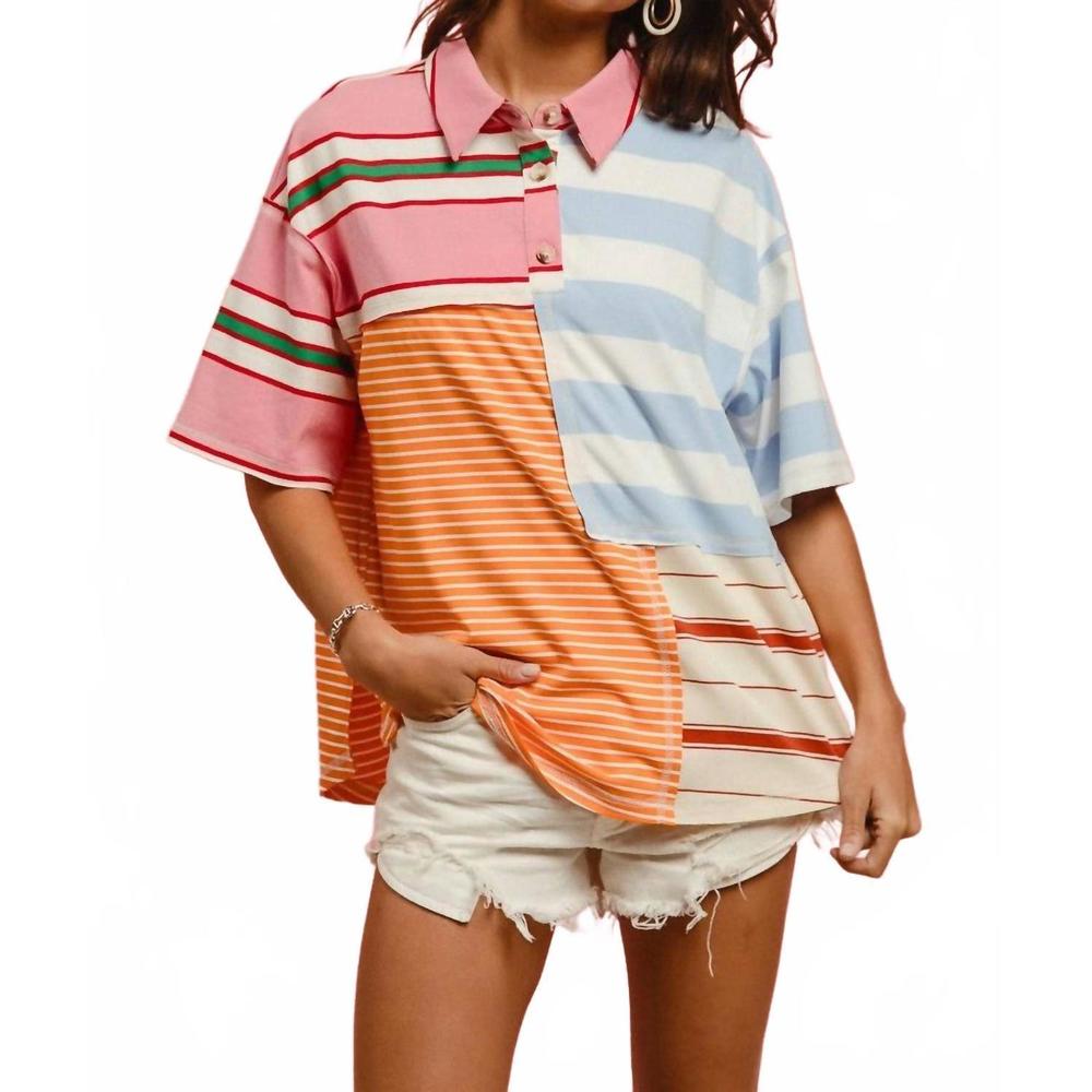 “Bibi” multi-color, collared, striped, short-sleeve shirt, pullover, LARGE